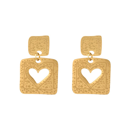 Aretes Largos De Corazón Cuadrado Estilo Lujo Moderno De Acero Inoxidable