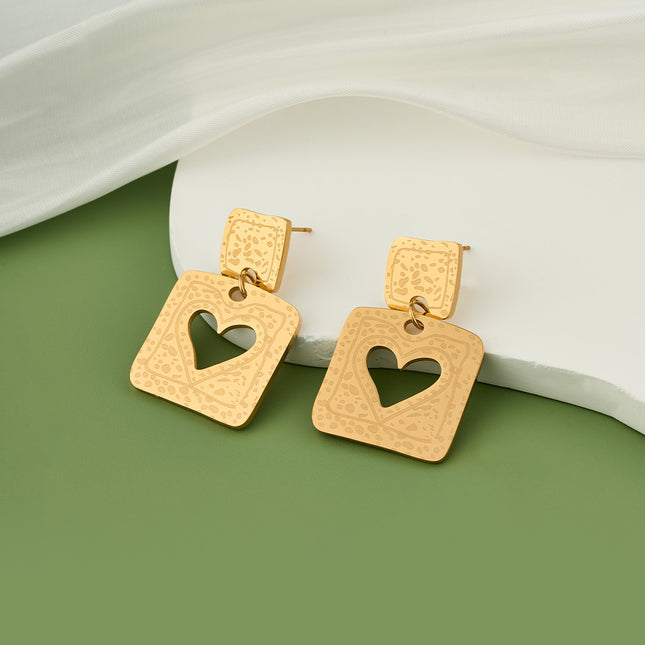 Aretes Largos De Corazón Cuadrado Estilo Lujo Moderno De Acero Inoxidable