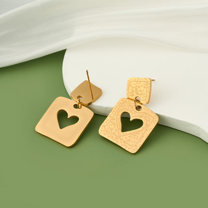 Aretes Largos De Corazón Cuadrado Estilo Lujo Moderno De Acero Inoxidable