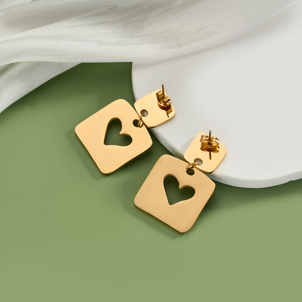 Aretes Largos De Corazón Cuadrado Estilo Lujo Moderno De Acero Inoxidable