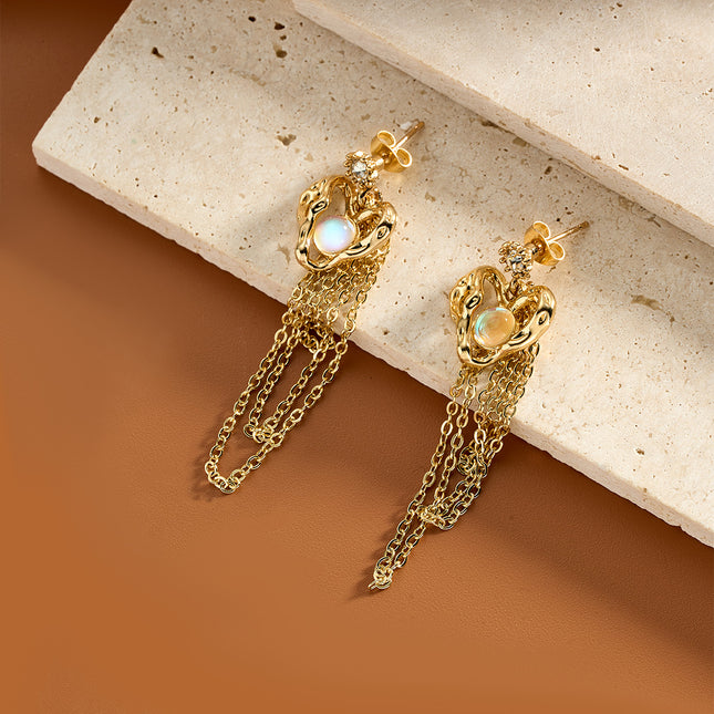 Aretes Largos De Corazón Con Borlas Estilo Lujo De Acero Inoxidable Chapado En Oro 14K