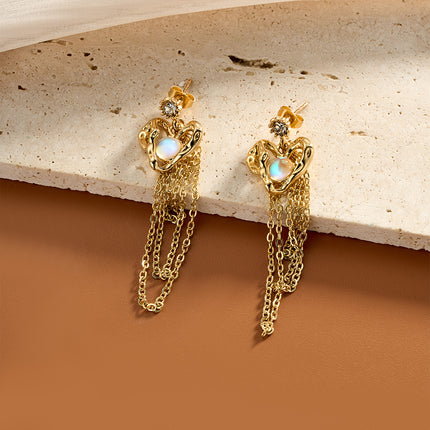 Aretes Largos De Corazón Con Borlas Estilo Lujo De Acero Inoxidable Chapado En Oro 14K