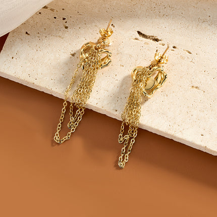 Aretes Largos De Corazón Con Borlas Estilo Lujo De Acero Inoxidable Chapado En Oro 14K