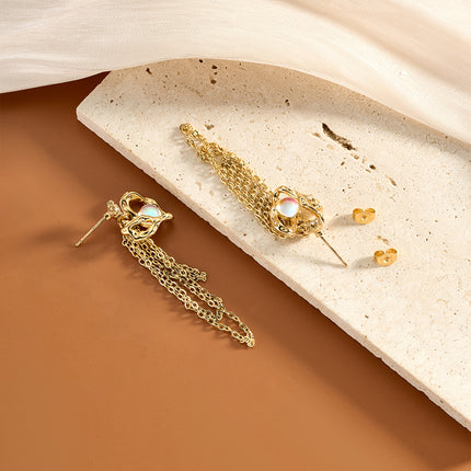 Aretes Largos De Corazón Con Borlas Estilo Lujo De Acero Inoxidable Chapado En Oro 14K