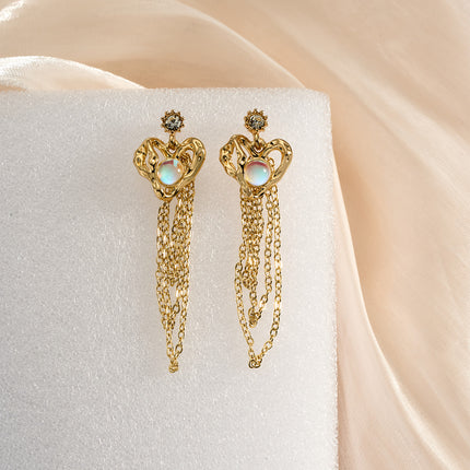 Aretes Largos De Corazón Con Borlas Estilo Lujo De Acero Inoxidable Chapado En Oro 14K