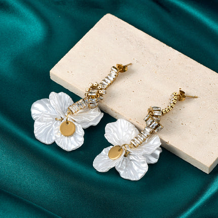 Aretes Largos De Pétalos Con Colgante Estilo Lujo De Acero Inoxidable Chapado En Oro 14K