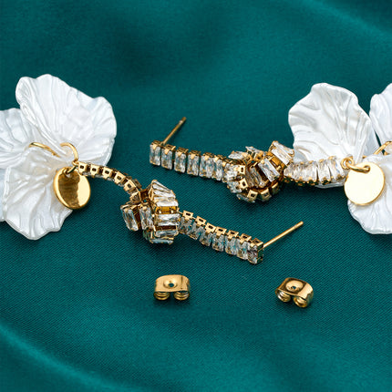 Aretes Largos De Pétalos Con Colgante Estilo Lujo De Acero Inoxidable Chapado En Oro 14K
