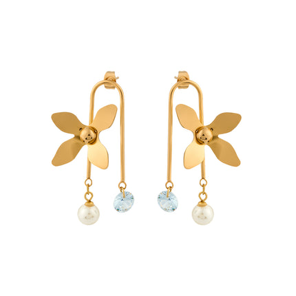 Aretes Largos De Perlas Con Colgante En Forma De Hoja De Acero Inoxidable Chapado En Oro 14K