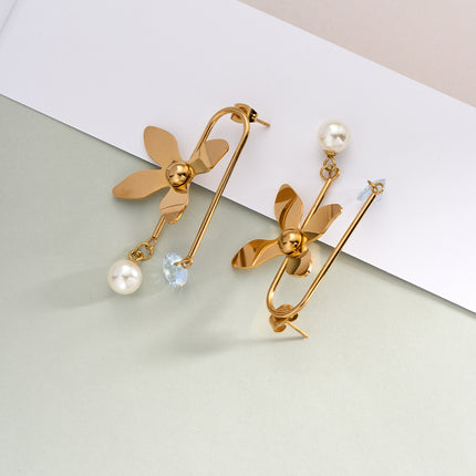 Aretes Largos De Perlas Con Colgante En Forma De Hoja De Acero Inoxidable Chapado En Oro 14K
