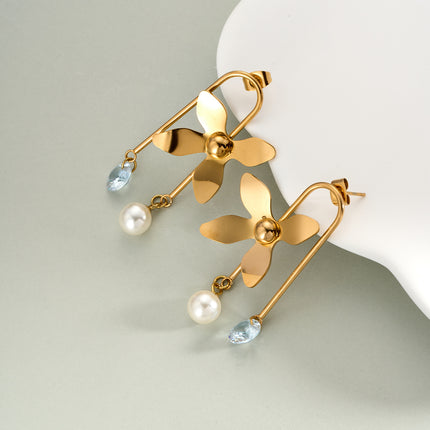 Aretes Largos De Perlas Con Colgante En Forma De Hoja De Acero Inoxidable Chapado En Oro 14K