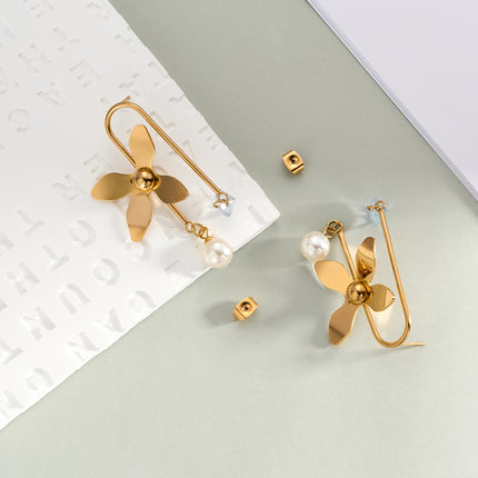 Aretes Largos De Perlas Con Colgante En Forma De Hoja De Acero Inoxidable Chapado En Oro 14K