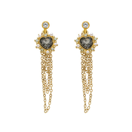 Aretes Largos De Corazón Con Flecos Y Gemas De Acero Inoxidable Chapado En Oro 14K