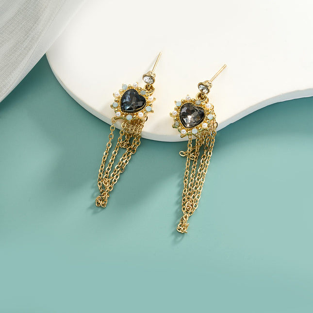 Aretes Largos De Corazón Con Flecos Y Gemas De Acero Inoxidable Chapado En Oro 14K