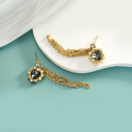 Aretes Largos De Corazón Con Flecos Y Gemas De Acero Inoxidable Chapado En Oro 14K