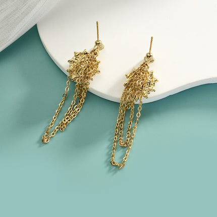 Aretes Largos De Corazón Con Flecos Y Gemas De Acero Inoxidable Chapado En Oro 14K