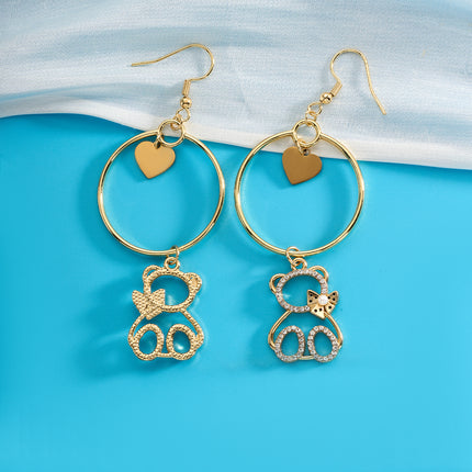 Aretes Largos De Oso Corazón Con Diamantes De Acero Inoxidable Chapado En Oro 14K