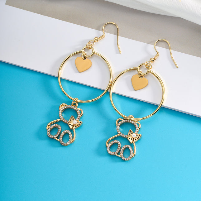 Aretes Largos De Oso Corazón Con Diamantes De Acero Inoxidable Chapado En Oro 14K