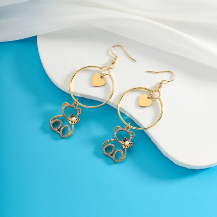 Aretes Largos De Oso Corazón Con Diamantes De Acero Inoxidable Chapado En Oro 14K