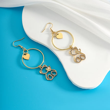 Aretes Largos De Oso Corazón Con Diamantes De Acero Inoxidable Chapado En Oro 14K