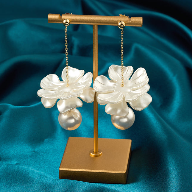 Aretes Largos De Pétalos De Flor Con Colgante De Acero Inoxidable De Estilo Lujo