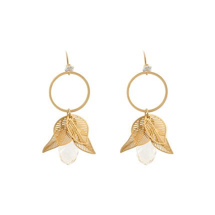 Aretes De Lujo Con Colgante De Hoja Y Gota De Zirconia En Acero Inoxidable