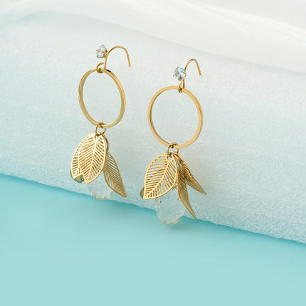 Aretes De Lujo Con Colgante De Hoja Y Gota De Zirconia En Acero Inoxidable