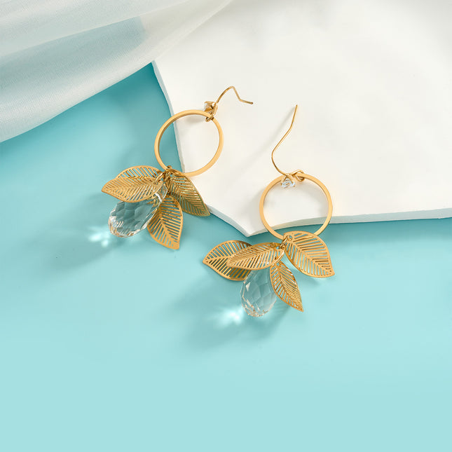 Aretes De Lujo Con Colgante De Hoja Y Gota De Zirconia En Acero Inoxidable