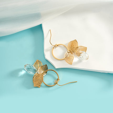 Aretes De Lujo Con Colgante De Hoja Y Gota De Zirconia En Acero Inoxidable
