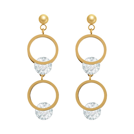 Aretes Largos Con Doble Aro Y Colgante Largo De Zirconia En Acero Inoxidable Chapado En Oro 14K
