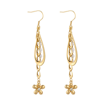 Aretes Largos Con Colgante De Gota De Agua Y Flor De Acero Inoxidable Chapado En Oro 14K