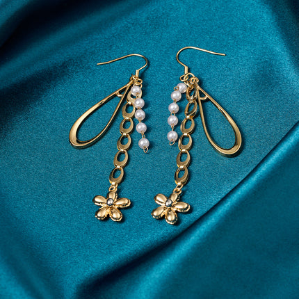 Aretes Largos Con Colgante De Gota De Agua Y Flor De Acero Inoxidable Chapado En Oro 14K