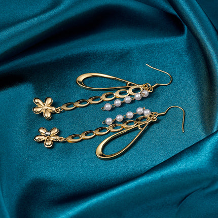 Aretes Largos Con Colgante De Gota De Agua Y Flor De Acero Inoxidable Chapado En Oro 14K