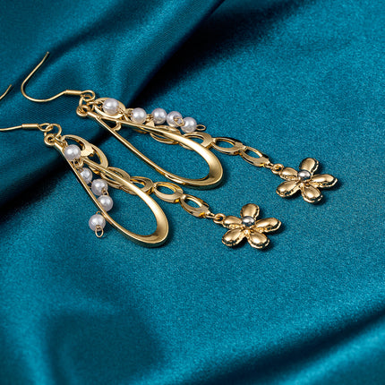 Aretes Largos Con Colgante De Gota De Agua Y Flor De Acero Inoxidable Chapado En Oro 14K