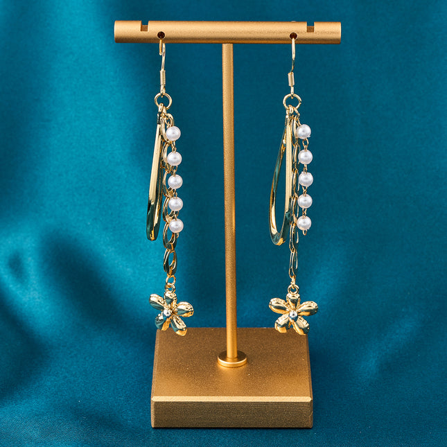 Aretes Largos Con Colgante De Gota De Agua Y Flor De Acero Inoxidable Chapado En Oro 14K