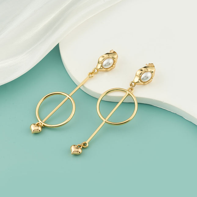 Aretes Largos Con Colgante De Corazón Y Perla De Acero Inoxidable Chapado En Oro 14K