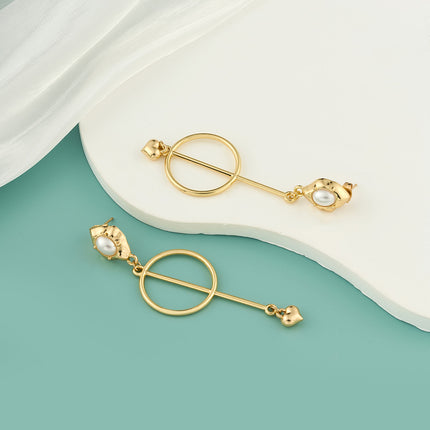 Aretes Largos Con Colgante De Corazón Y Perla De Acero Inoxidable Chapado En Oro 14K