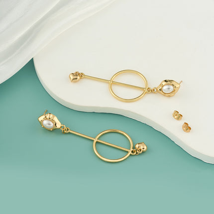 Aretes Largos Con Colgante De Corazón Y Perla De Acero Inoxidable Chapado En Oro 14K