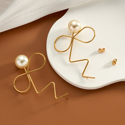 Aretes Largos De Acero Inoxidable Con Perla Y Lazo Para Mujer