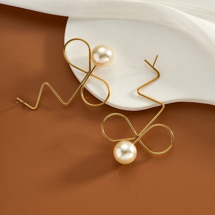 Aretes Largos De Acero Inoxidable Con Perla Y Lazo Para Mujer