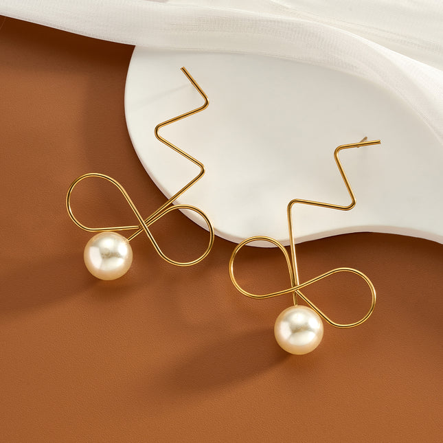 Aretes Largos De Acero Inoxidable Con Perla Y Lazo Para Mujer