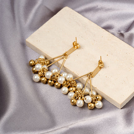 Aretes Largos De Borlas De Perlas Con Cuerda De Yute De Acero Inoxidable Chapado En Oro 14K