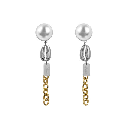 Aretes Largos Colgantes Concha Y Perla Acero Inoxidable Chapado En Oro 14K