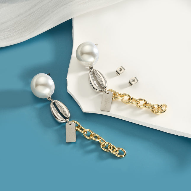 Aretes Largos Colgantes Concha Y Perla Acero Inoxidable Chapado En Oro 14K