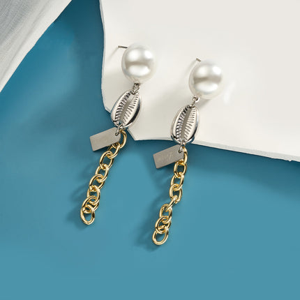 Aretes Largos Colgantes Concha Y Perla Acero Inoxidable Chapado En Oro 14K