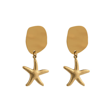Aretes Largos De Lujo Estilo Estrella De Mar Acero Inoxidable Chapado En Oro 14K