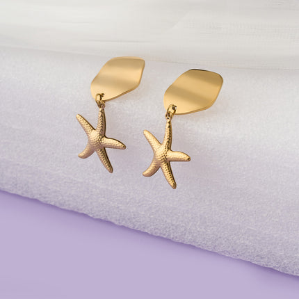 Aretes Largos De Lujo Estilo Estrella De Mar Acero Inoxidable Chapado En Oro 14K