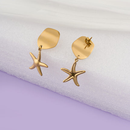 Aretes Largos De Lujo Estilo Estrella De Mar Acero Inoxidable Chapado En Oro 14K