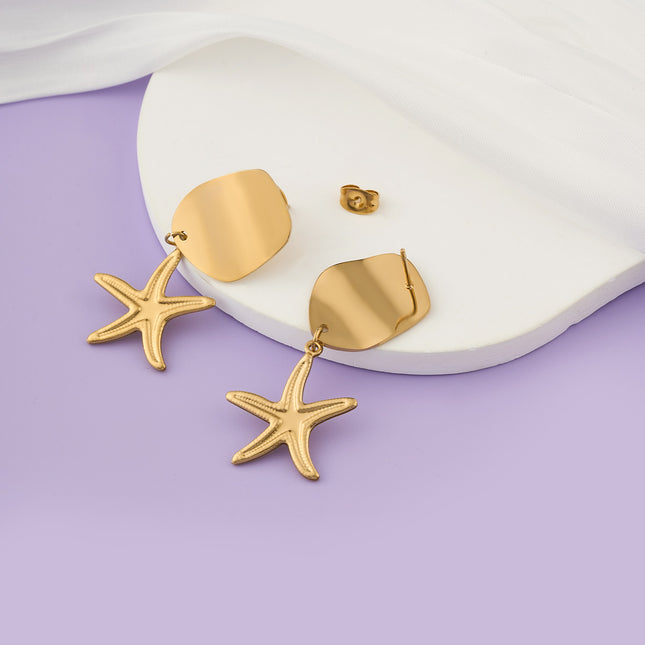 Aretes Largos De Lujo Estilo Estrella De Mar Acero Inoxidable Chapado En Oro 14K