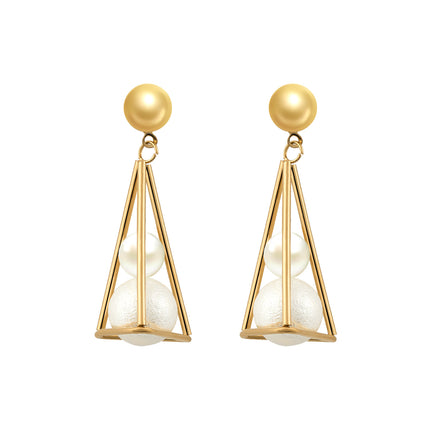 Aretes Largos De Perlas Con Soporte Triangular De Lujo Estilo Europeo En Acero Inoxidable