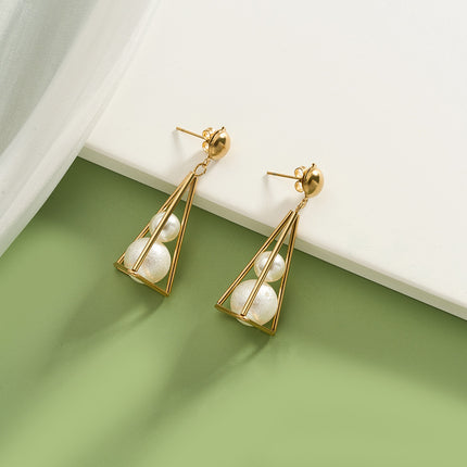 Aretes Largos De Perlas Con Soporte Triangular De Lujo Estilo Europeo En Acero Inoxidable